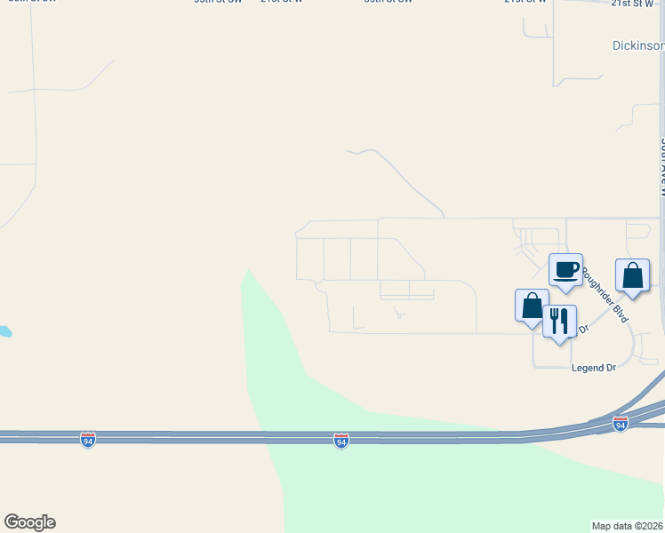 map of restaurants, bars, coffee shops, grocery stores, and more near 1262 47th Avenue West in Dickinson