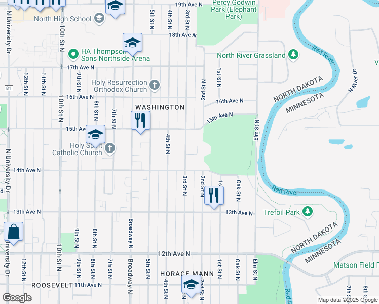 map of restaurants, bars, coffee shops, grocery stores, and more near 1423 3rd Street North in Fargo