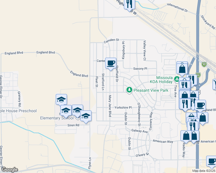 map of restaurants, bars, coffee shops, grocery stores, and more near 2721 Mary Jane Boulevard in Missoula
