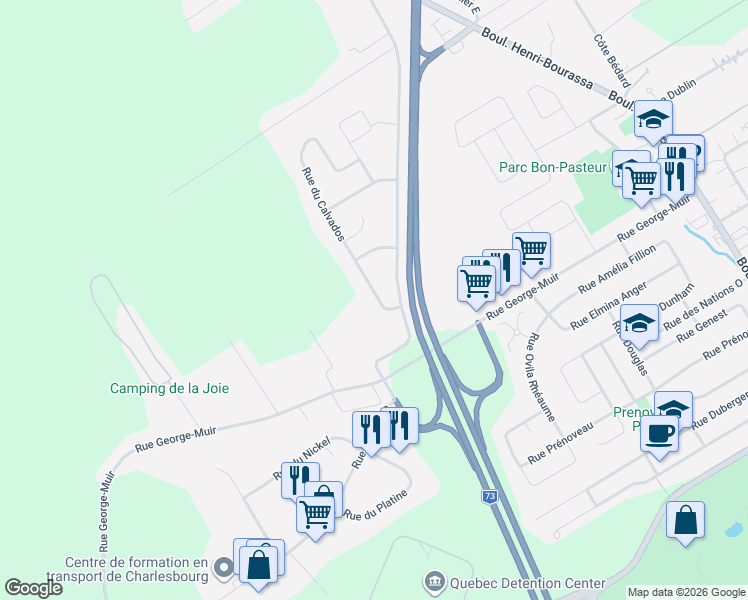map of restaurants, bars, coffee shops, grocery stores, and more near 409 Rue du Calvados in Québec