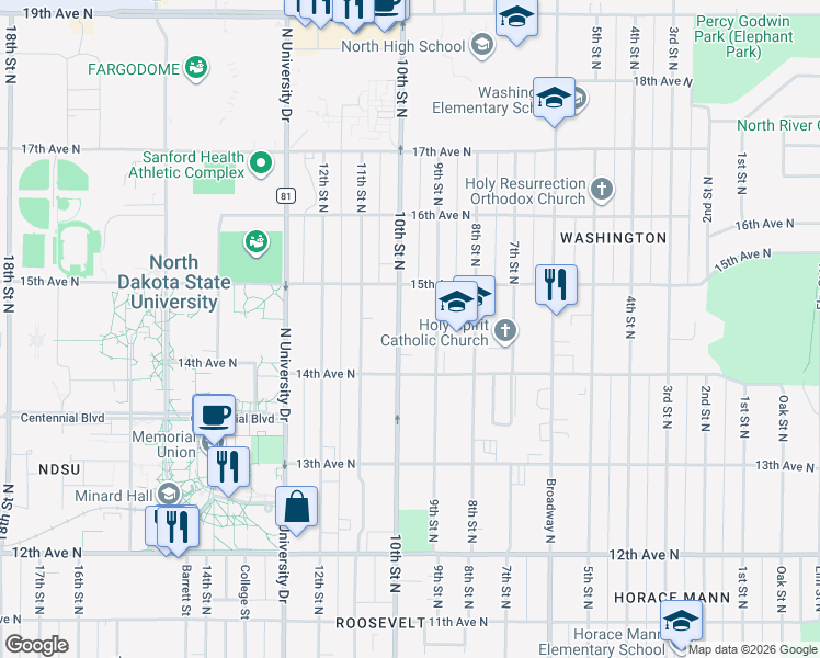 map of restaurants, bars, coffee shops, grocery stores, and more near 1421 10th Street North in Fargo