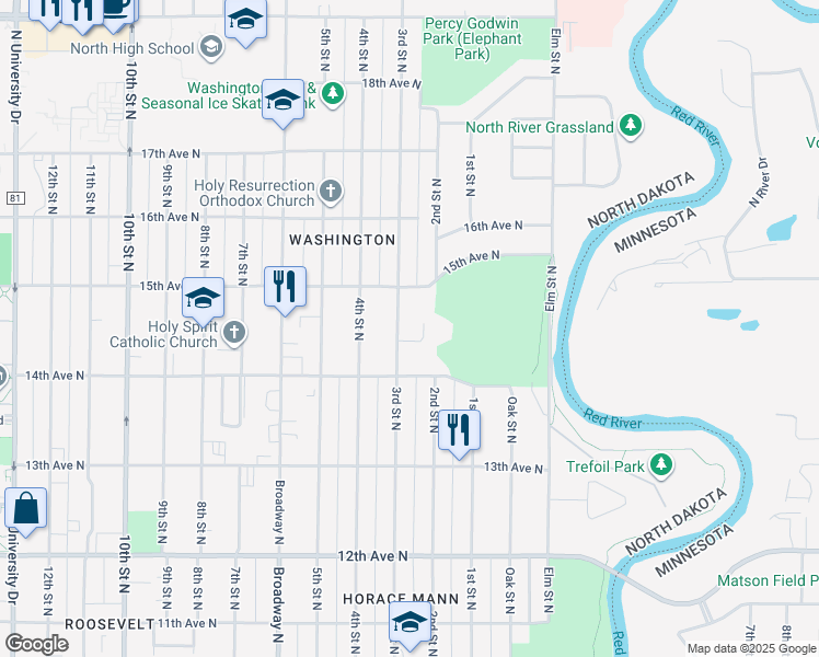 map of restaurants, bars, coffee shops, grocery stores, and more near 1425 3rd Street North in Fargo
