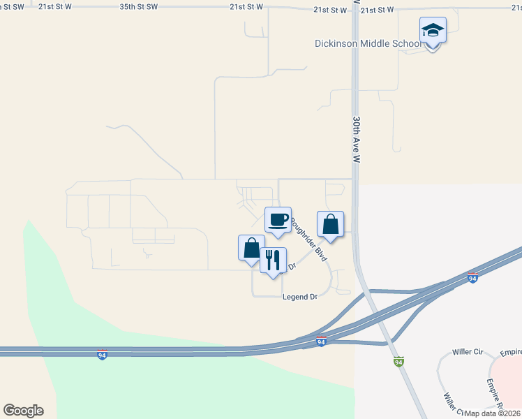 map of restaurants, bars, coffee shops, grocery stores, and more near 1425 Roughrider Boulevard in Dickinson