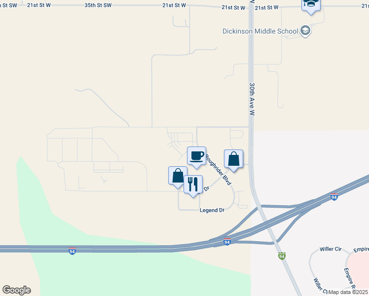 map of restaurants, bars, coffee shops, grocery stores, and more near 1425 Roughrider Boulevard in Dickinson