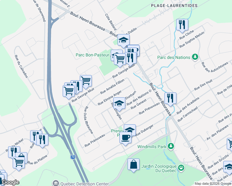 map of restaurants, bars, coffee shops, grocery stores, and more near 166 Rue Elmina Anger in Québec