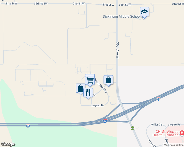 map of restaurants, bars, coffee shops, grocery stores, and more near 1235 Roughrider Boulevard in Dickinson