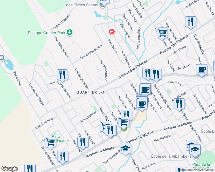 map of restaurants, bars, coffee shops, grocery stores, and more near 476a Avenue Sainte Thérèse in Québec