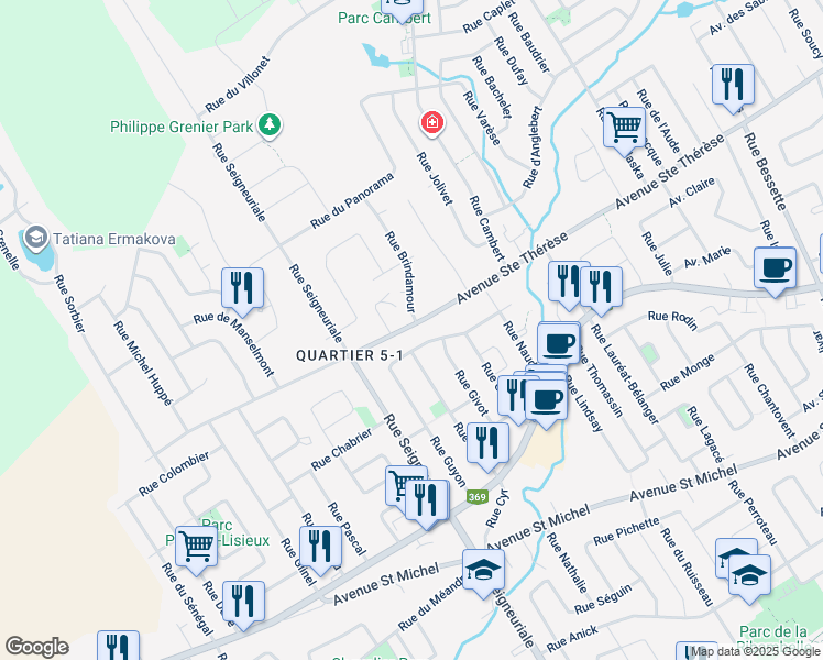 map of restaurants, bars, coffee shops, grocery stores, and more near 476a Avenue Sainte Thérèse in Québec
