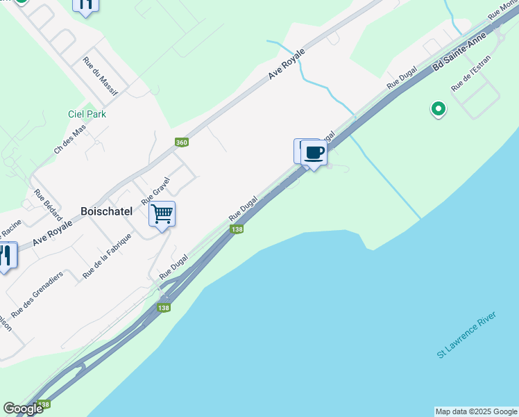 map of restaurants, bars, coffee shops, grocery stores, and more near 3996 Boulevard Sainte-Anne in Boischatel