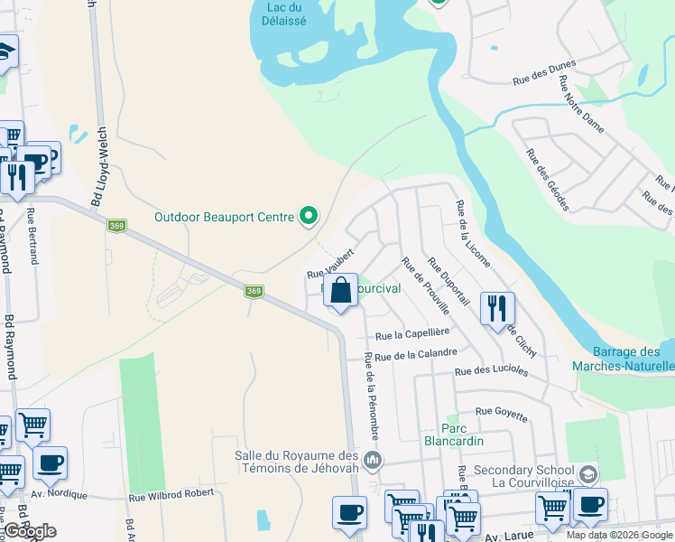 map of restaurants, bars, coffee shops, grocery stores, and more near 2323 Rue Vaubert in Québec