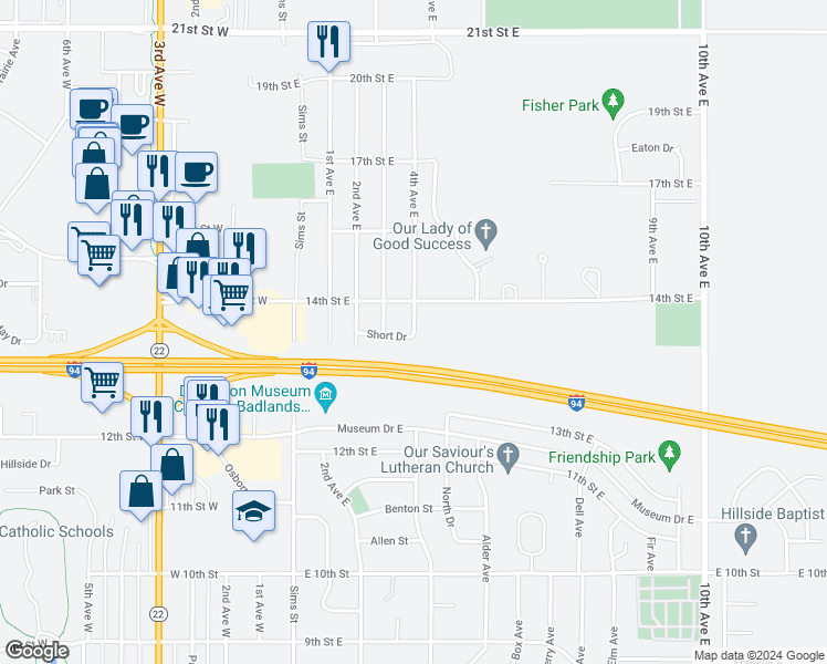 map of restaurants, bars, coffee shops, grocery stores, and more near 4th Avenue East in Dickinson
