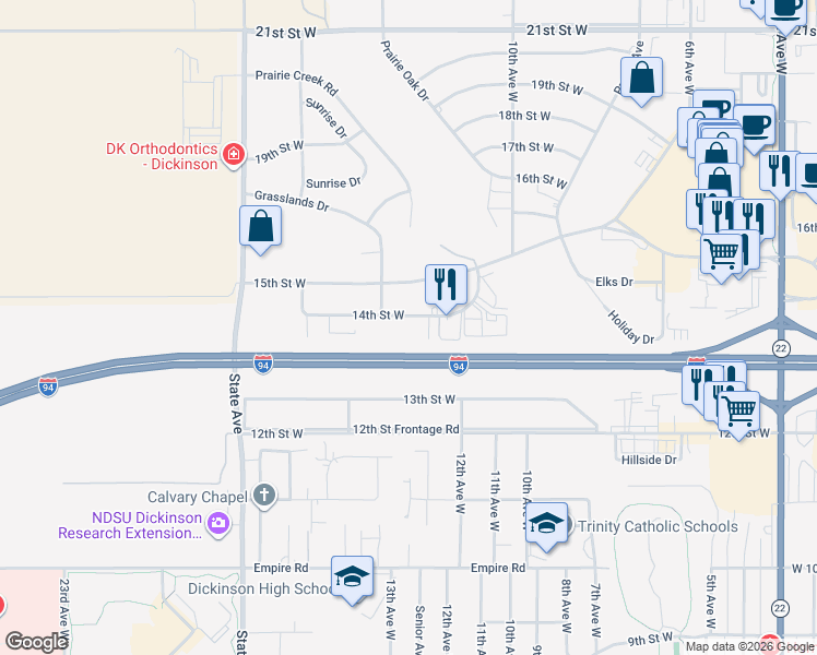 map of restaurants, bars, coffee shops, grocery stores, and more near 676-1056 14th Street West in Dickinson