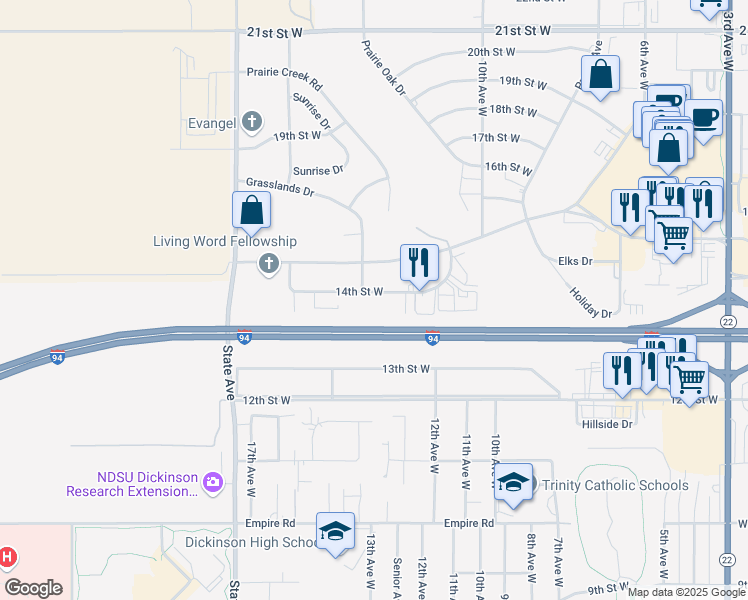 map of restaurants, bars, coffee shops, grocery stores, and more near 1425 14th Street West in Dickinson