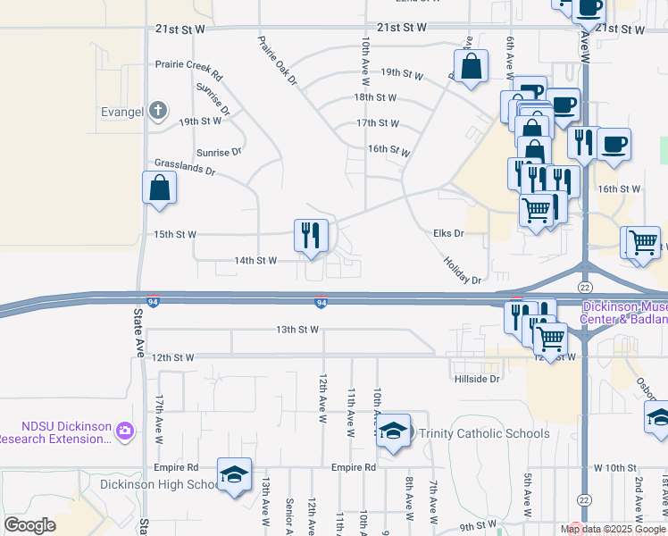 map of restaurants, bars, coffee shops, grocery stores, and more near 1224 14th Street West in Dickinson