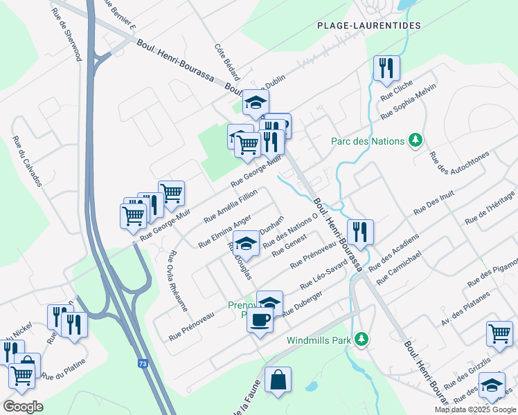 map of restaurants, bars, coffee shops, grocery stores, and more near 124 Rue Elmina Anger in Ville de Québec