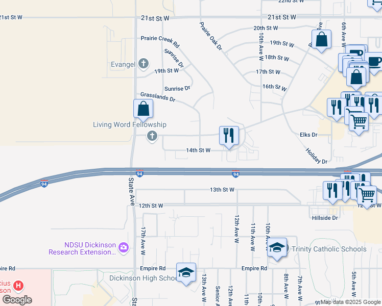 map of restaurants, bars, coffee shops, grocery stores, and more near 1369 14th Street West in Dickinson