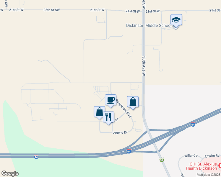 map of restaurants, bars, coffee shops, grocery stores, and more near 1455 Roughrider Boulevard in Dickinson