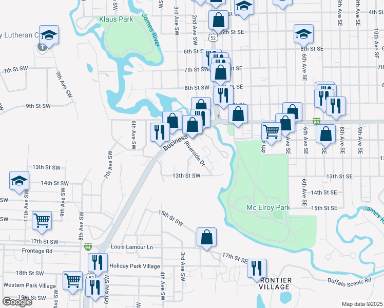 map of restaurants, bars, coffee shops, grocery stores, and more near 203 Interstate 94 Business Loop in Jamestown