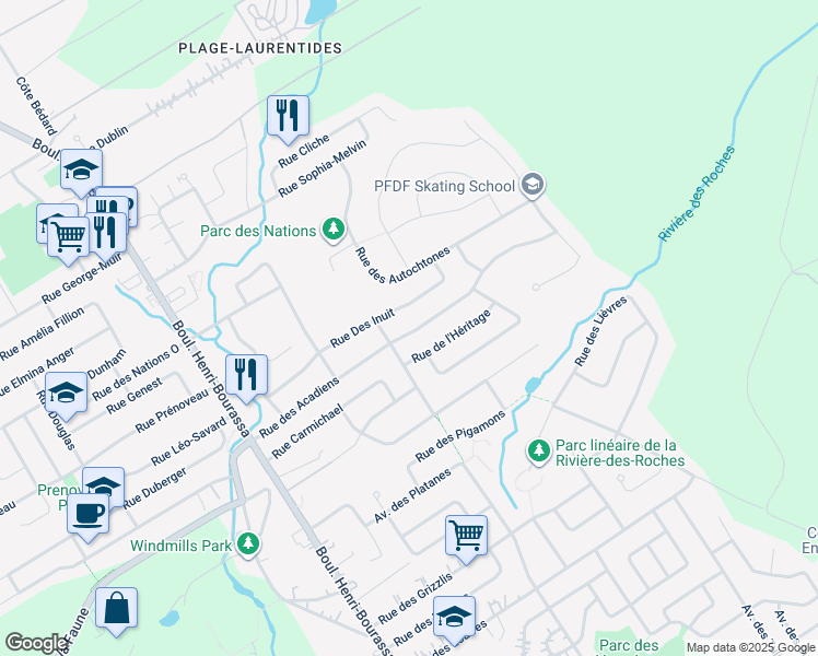 map of restaurants, bars, coffee shops, grocery stores, and more near 163 Rue des Acadiens in Québec