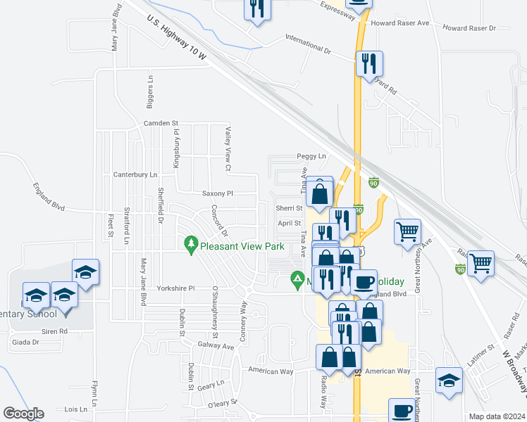 map of restaurants, bars, coffee shops, grocery stores, and more near 3538 Connery Way in Missoula
