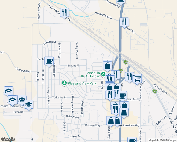 map of restaurants, bars, coffee shops, grocery stores, and more near 3538 Connery Way in Missoula