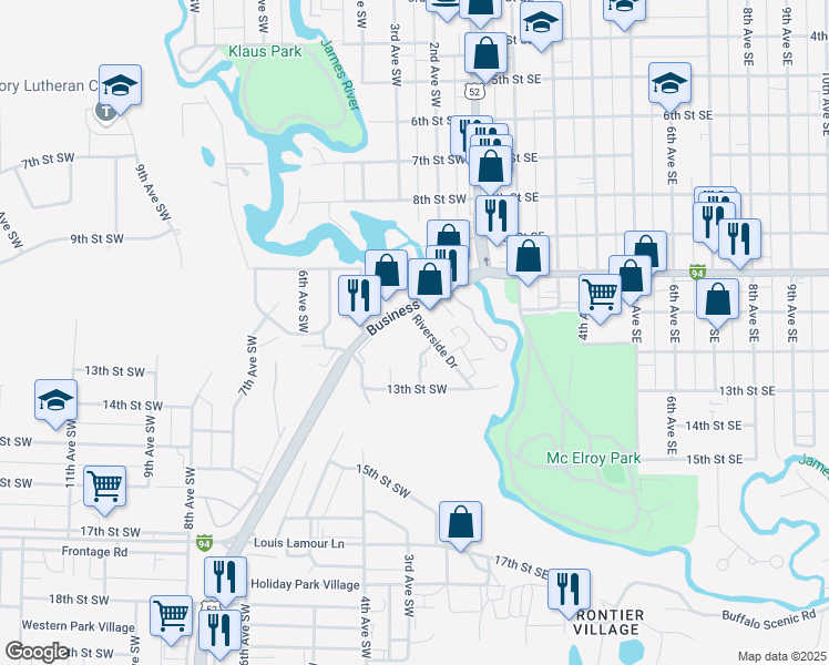 map of restaurants, bars, coffee shops, grocery stores, and more near 203 Interstate 94 Business Loop in Jamestown
