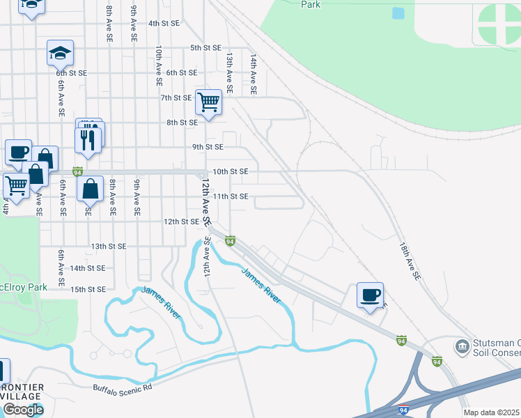 map of restaurants, bars, coffee shops, grocery stores, and more near 1400 12th Street Southeast in Jamestown