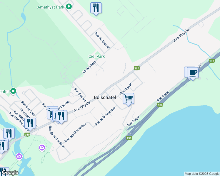 map of restaurants, bars, coffee shops, grocery stores, and more near 5334 Avenue Royale in Boischatel
