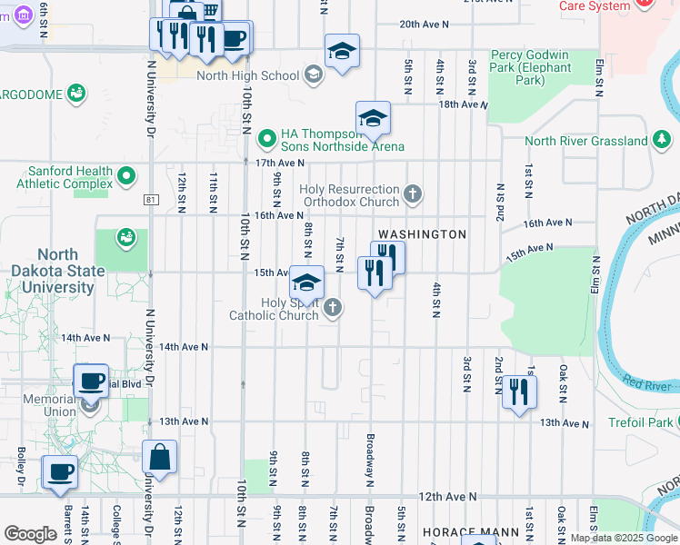 map of restaurants, bars, coffee shops, grocery stores, and more near 7th Street North in Fargo