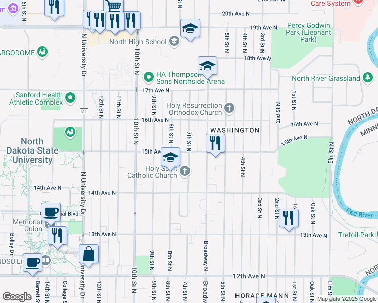 map of restaurants, bars, coffee shops, grocery stores, and more near 7th Street North in Fargo