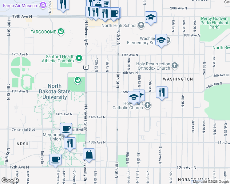 map of restaurants, bars, coffee shops, grocery stores, and more near 1026 15th Avenue North in Fargo
