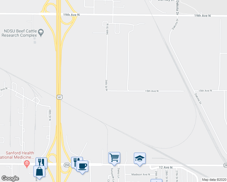 map of restaurants, bars, coffee shops, grocery stores, and more near 801 34th Street North in Fargo