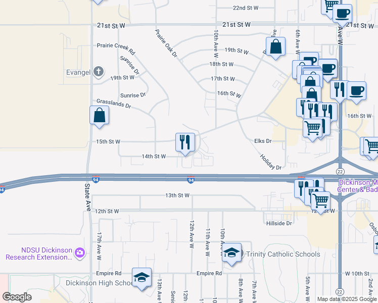 map of restaurants, bars, coffee shops, grocery stores, and more near 1224 14th Street West in Dickinson