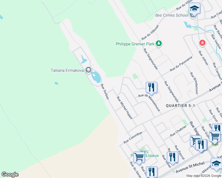 map of restaurants, bars, coffee shops, grocery stores, and more near 695 Rue Laura Brisebois in Québec