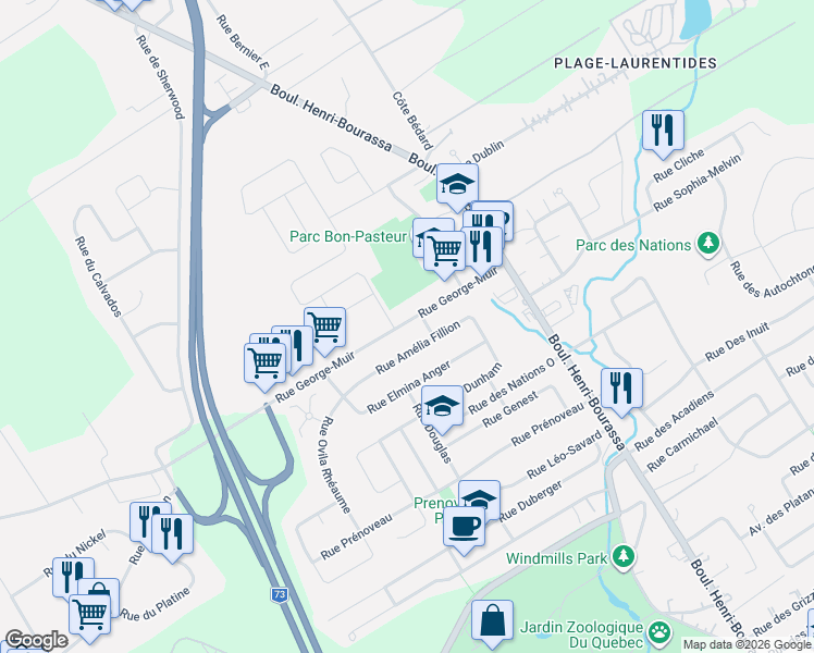 map of restaurants, bars, coffee shops, grocery stores, and more near 151 Rue George-Muir in Québec