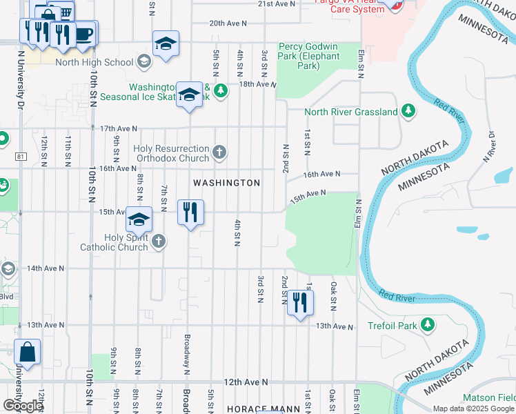 map of restaurants, bars, coffee shops, grocery stores, and more near 1425-1497 3rd Street North in Fargo
