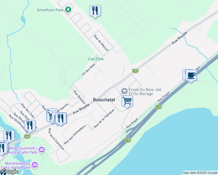 map of restaurants, bars, coffee shops, grocery stores, and more near 5415 Avenue Royale in Boischatel