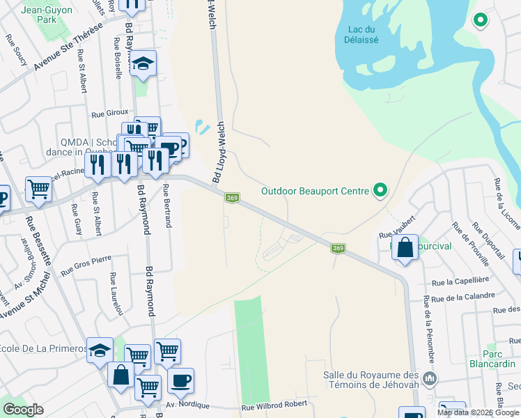 map of restaurants, bars, coffee shops, grocery stores, and more near 2713 Boulevard Louis-XIV in Québec