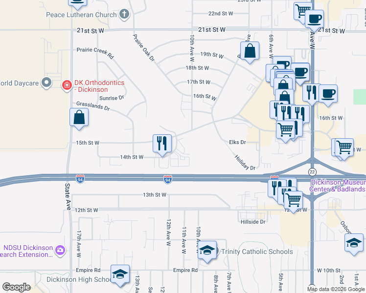 map of restaurants, bars, coffee shops, grocery stores, and more near 1119 14th Street West in Dickinson