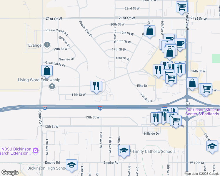 map of restaurants, bars, coffee shops, grocery stores, and more near 1119 14th Street West in Dickinson