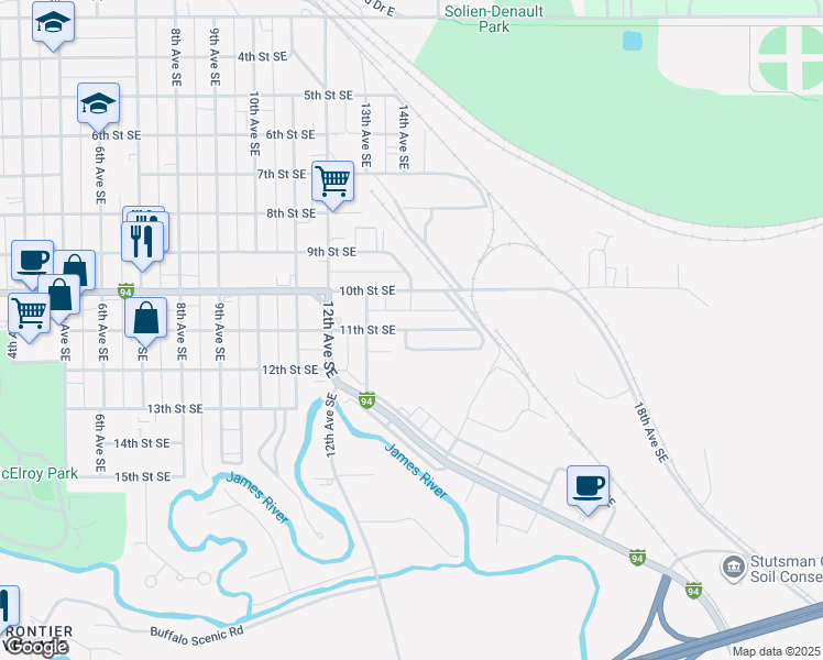map of restaurants, bars, coffee shops, grocery stores, and more near 1400-1498 12th Street Southeast in Jamestown