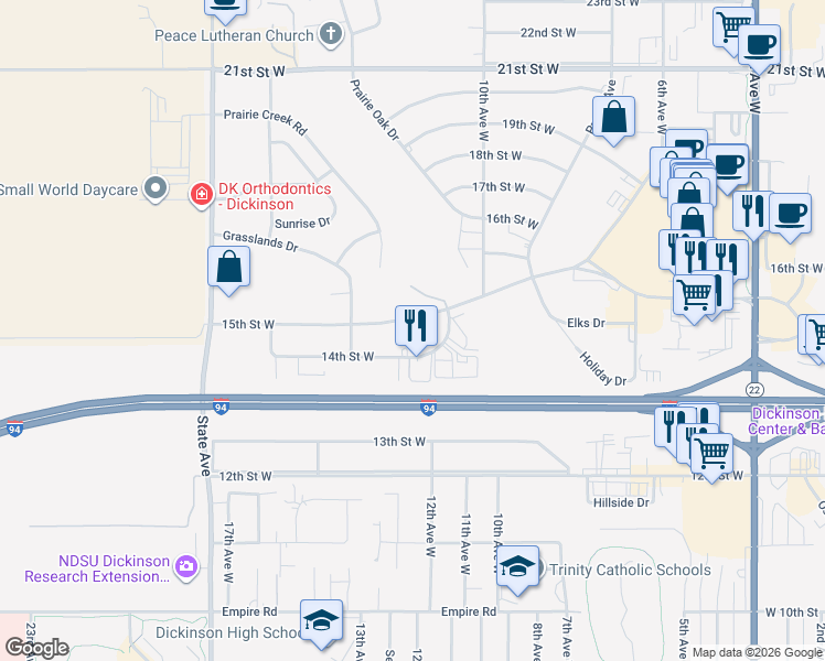 map of restaurants, bars, coffee shops, grocery stores, and more near 1224 14th Street West in Dickinson