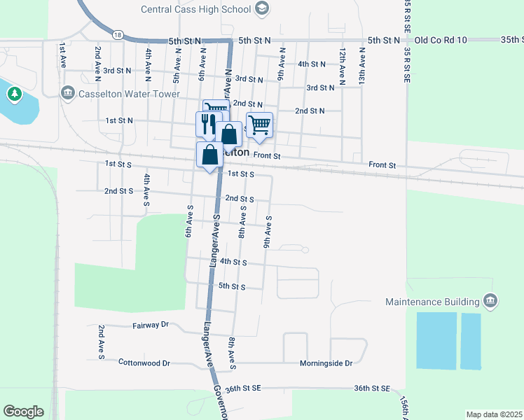 map of restaurants, bars, coffee shops, grocery stores, and more near 262 9th Avenue South in Casselton