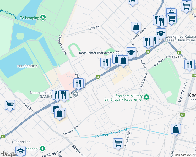 map of restaurants, bars, coffee shops, grocery stores, and more near 6 Izsáki út in Kecskemét