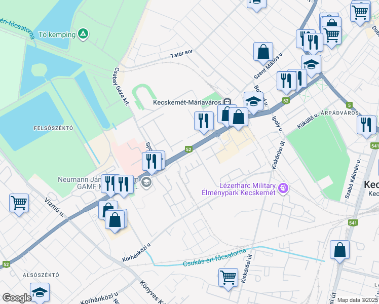 map of restaurants, bars, coffee shops, grocery stores, and more near 6 Izsáki út in Kecskemét