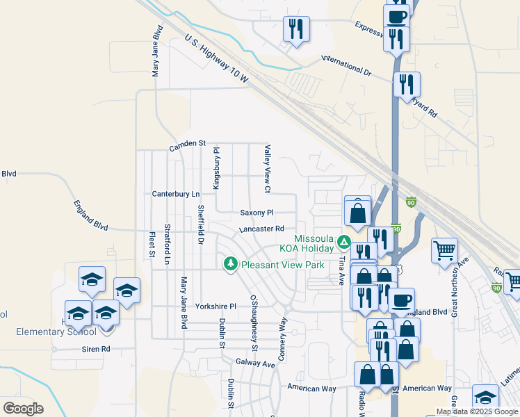 map of restaurants, bars, coffee shops, grocery stores, and more near 3801 Saxony Place in Missoula