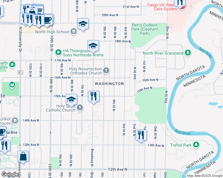 map of restaurants, bars, coffee shops, grocery stores, and more near in Fargo