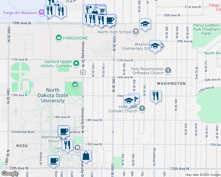 map of restaurants, bars, coffee shops, grocery stores, and more near 1537 10th Street North in Fargo