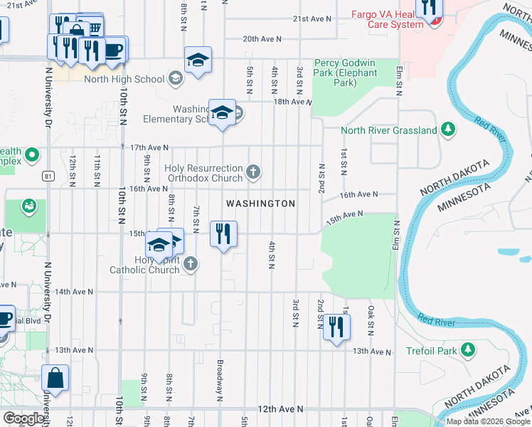 map of restaurants, bars, coffee shops, grocery stores, and more near in Fargo