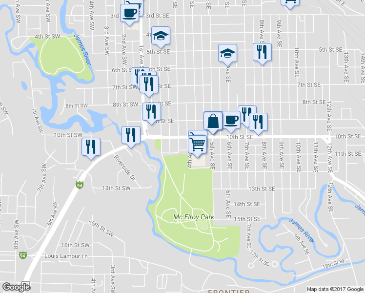 map of restaurants, bars, coffee shops, grocery stores, and more near 1021 3rd Avenue Southeast in Jamestown